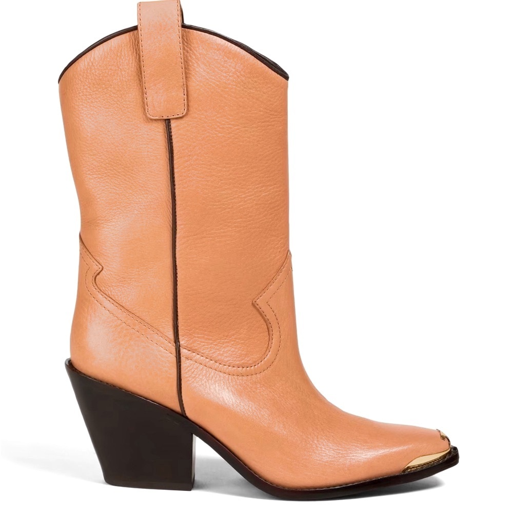 Tory Burch Western Cowgirl Mid Boot Camel Leather Gold Toe Kick NEW NIB